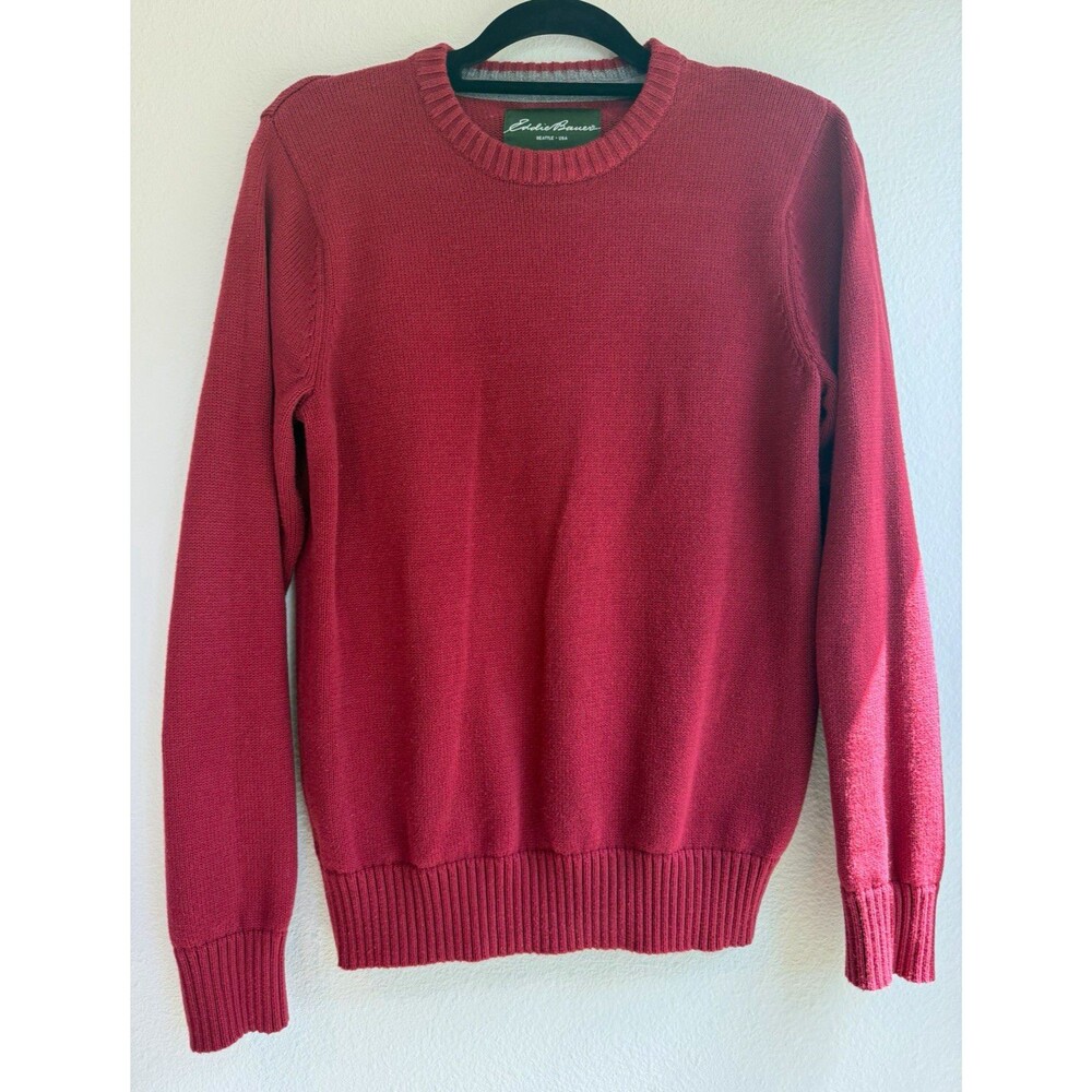 Eddie Bauer Men’s S Red Cotton Knit Crewneck Long Sleeve Logo Pullover Sweater